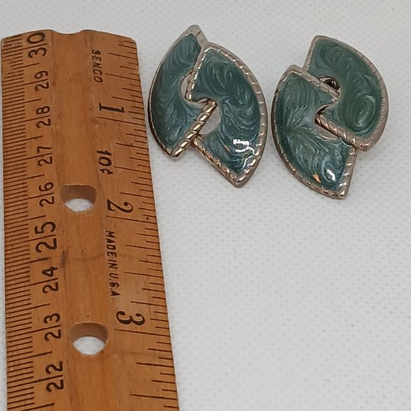 1980s Vintage Retro Shimmering Green/Blue/Gray Enamel Pierced Earrings #35W - Picture 6 of 14